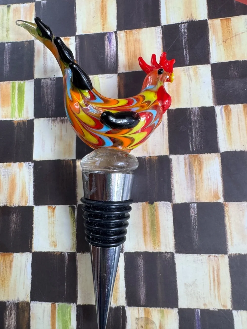 Murano Glass Rooster Bottle Stopper Hand Blown Art Glass Barware Wine Cork